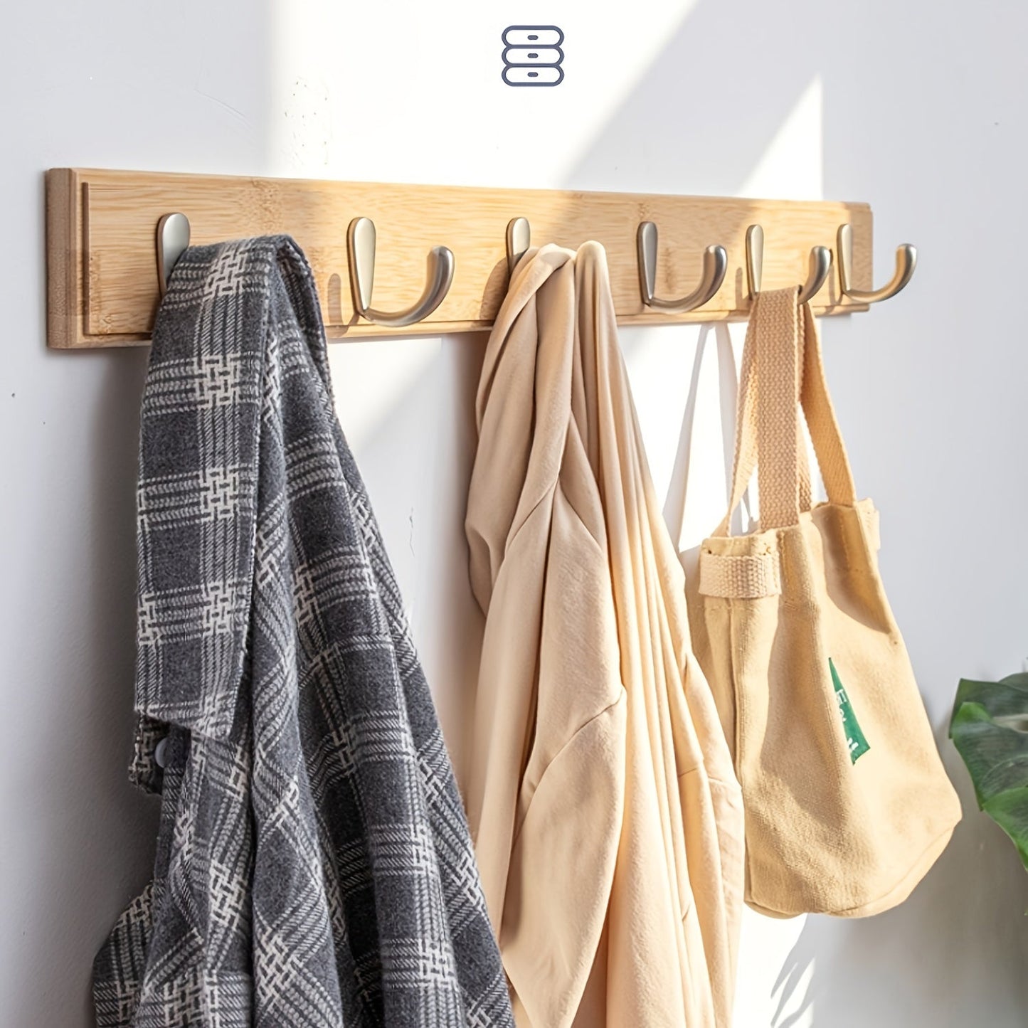 Hooks Bamboo Wall Coat Rack with Metal for Space-Saving Coat Rack Without Drilling