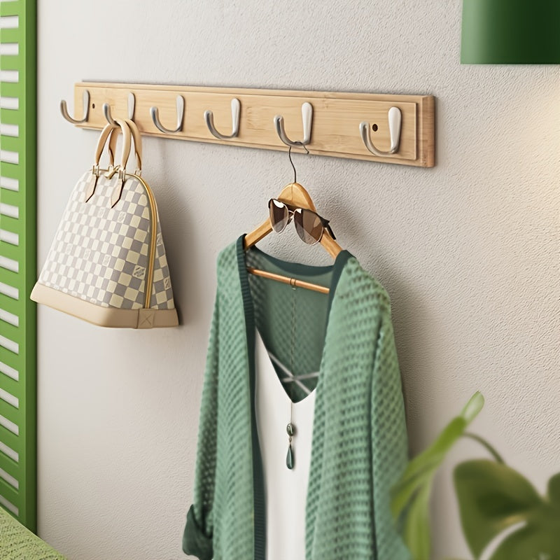 Hooks Bamboo Wall Coat Rack with Metal for Space-Saving Coat Rack Without Drilling