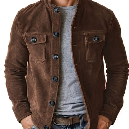 Stand with Men's Casual Jacket with Buttons and Up Collar for Vintage Work Jacket