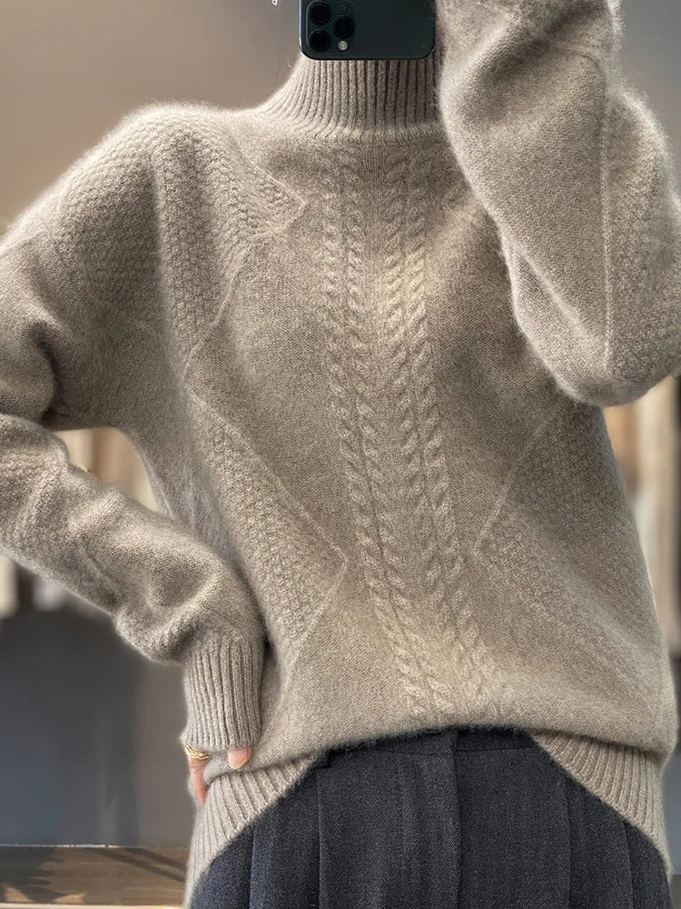 Cashmere Roll Neck Jumper for Women with Cable Knit Pattern and Soft Warmth