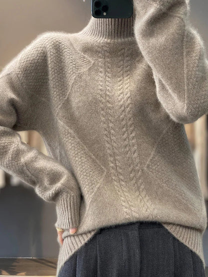 Cashmere Roll Neck Jumper for Women with Cable Knit Pattern and Soft Warmth