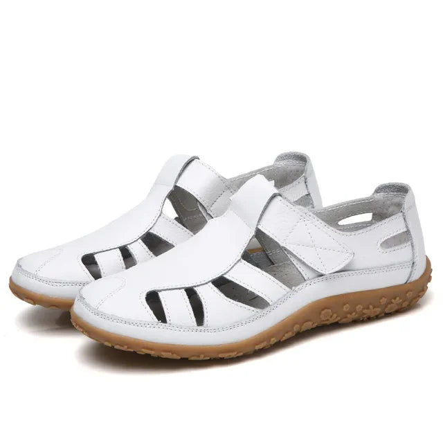 Leather Sandals for Women with Velcro and Comfort Sole