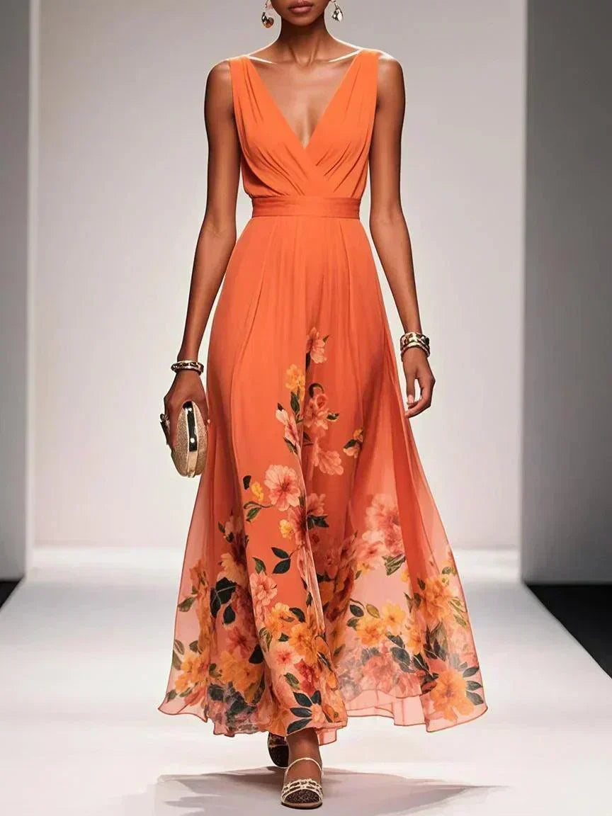 Ladies' Summer Dress with Floral Print and V-Neck for Weddings