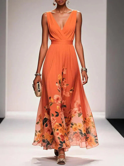Ladies' Summer Dress with Floral Print and V-Neck for Weddings