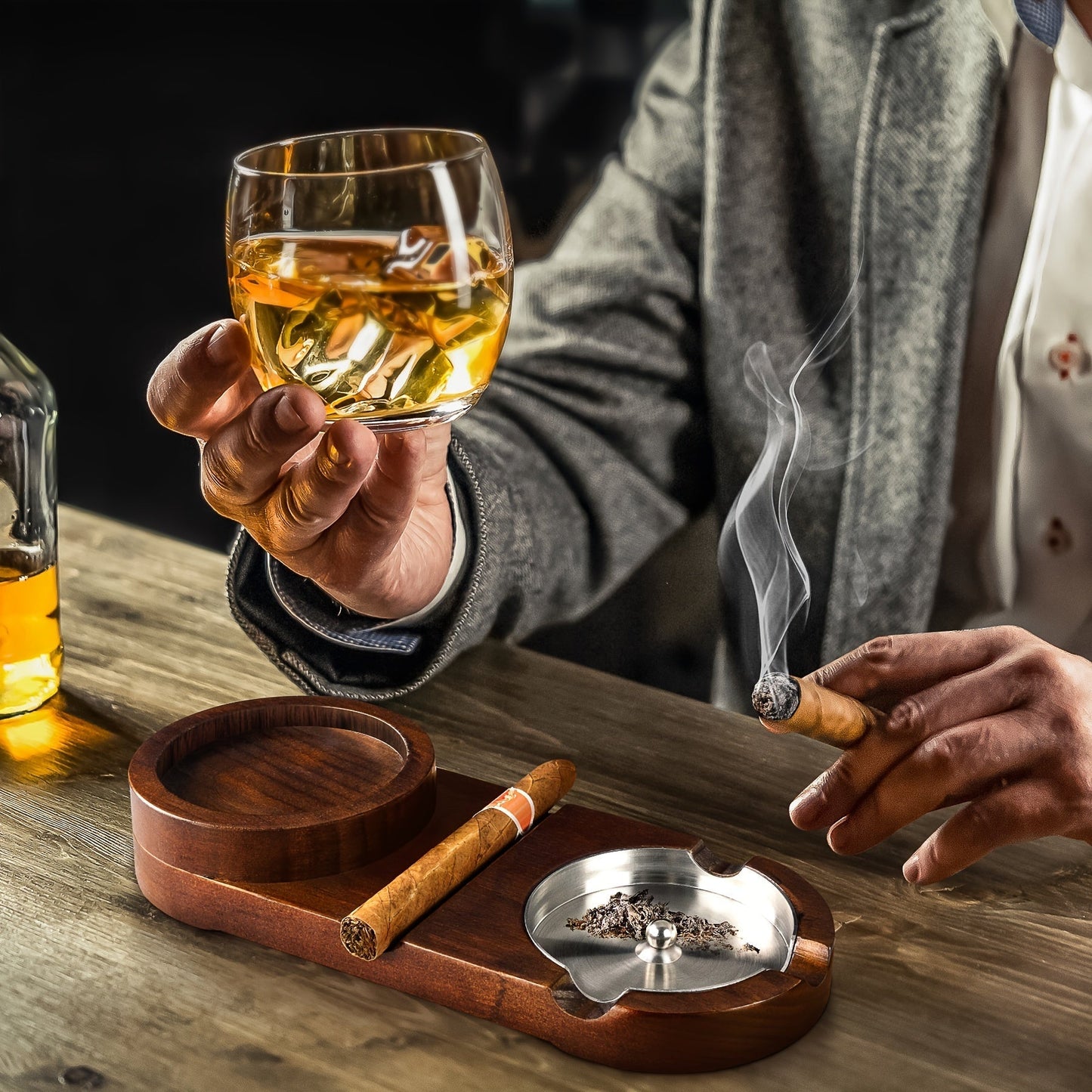 Whiskey Glass with Creative Cigar Ashtray and Tray