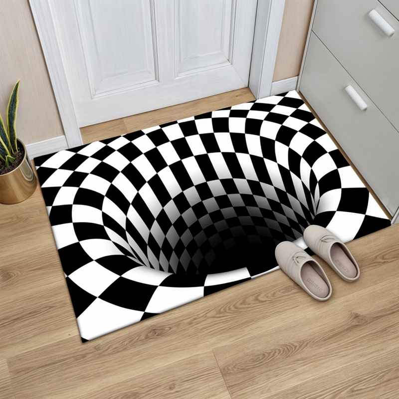 Door Mat with 3D Optical Illusion Geometric Checkerboard Pattern for Hall