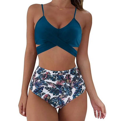 Ladies High Waist Bikini with Tropical Print and Pads