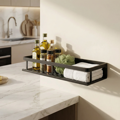 Shelf with Metal Kitchen Wall Black for Space-Saving Storage Rack with Hooks