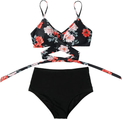 Ladies High Waist Bikini with Tropical Print and Pads