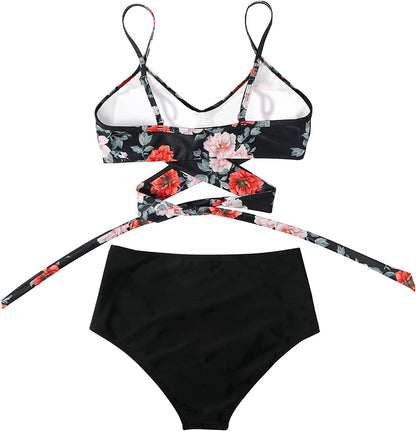 Ladies High Waist Bikini with Tropical Print and Pads