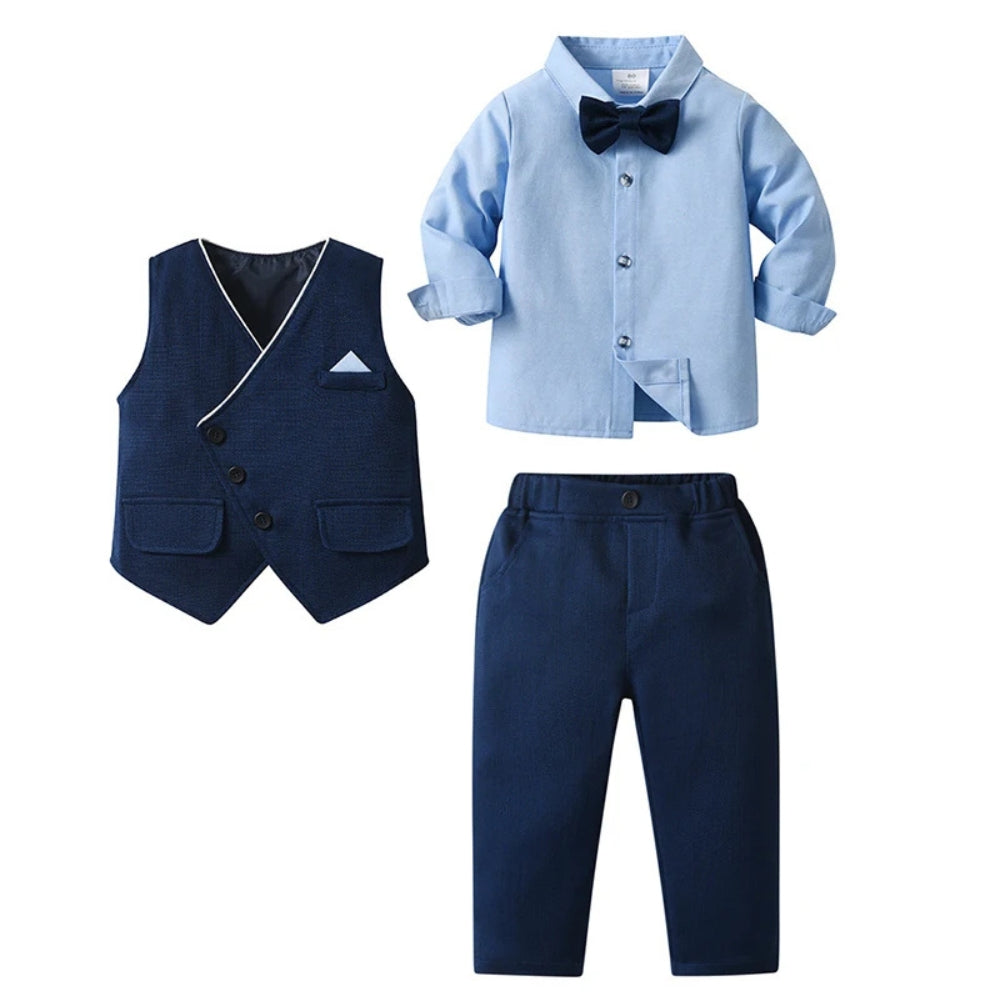 Chic Boys' 3-Piece Suit for Blue Shirt, Waistcoat and Trousers with Bow Tie