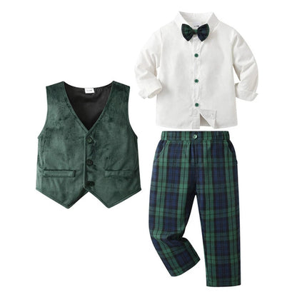 Chic Boys' 3-Piece Suit for Blue Shirt, Waistcoat and Trousers with Bow Tie