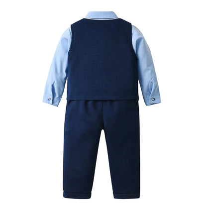 Chic Boys' 3-Piece Suit for Blue Shirt, Waistcoat and Trousers with Bow Tie