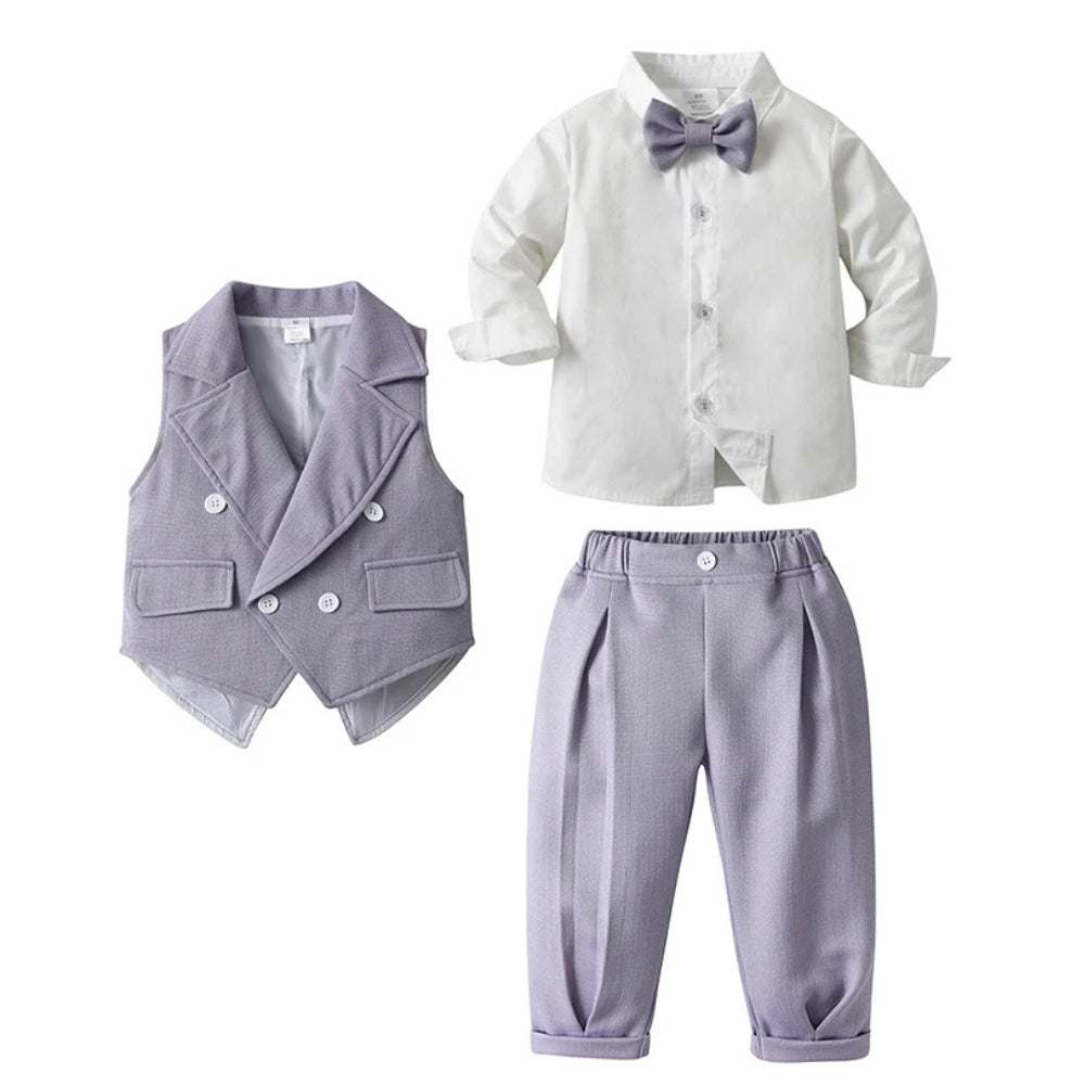 Chic Boys' 3-Piece Suit for Blue Shirt, Waistcoat and Trousers with Bow Tie