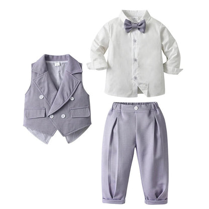 Chic Boys' 3-Piece Suit for Blue Shirt, Waistcoat and Trousers with Bow Tie