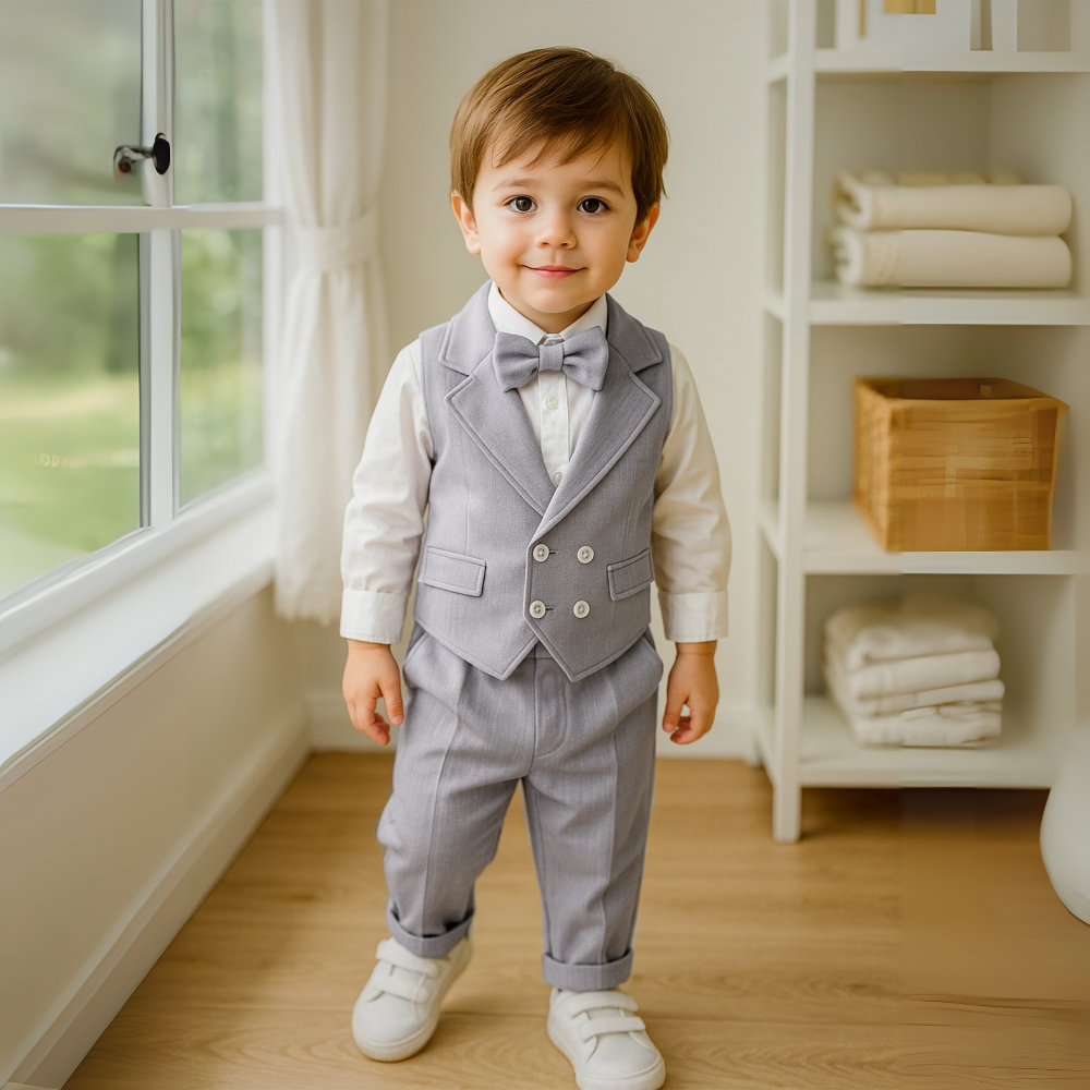 Chic Boys' 3-Piece Suit for Blue Shirt, Waistcoat and Trousers with Bow Tie