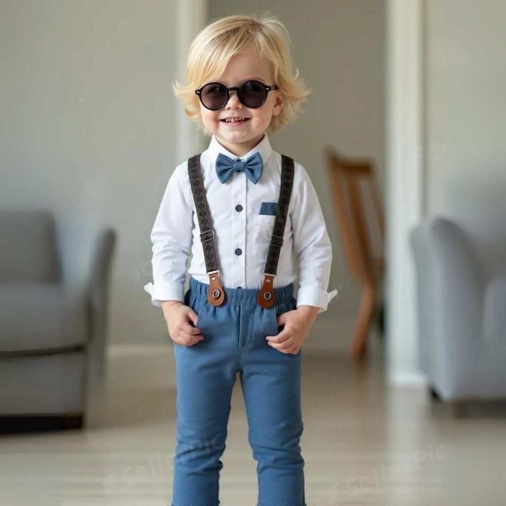 Chic Boys' 3-Piece Suit for Blue Shirt, Waistcoat and Trousers with Bow Tie