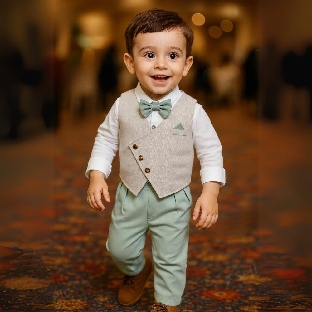 Chic Boys' 3-Piece Suit for Blue Shirt, Waistcoat and Trousers with Bow Tie