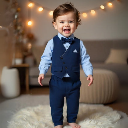 Chic Boys' 3-Piece Suit for Blue Shirt, Waistcoat and Trousers with Bow Tie