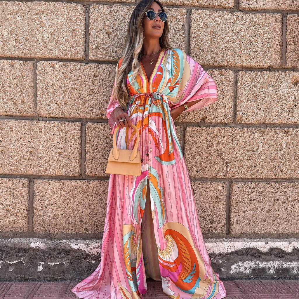 Ladies' Summer Maxi Dress with Abstract Print and Belt