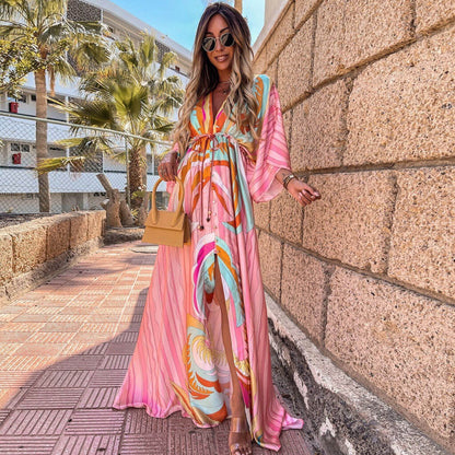 Ladies' Summer Maxi Dress with Abstract Print and Belt