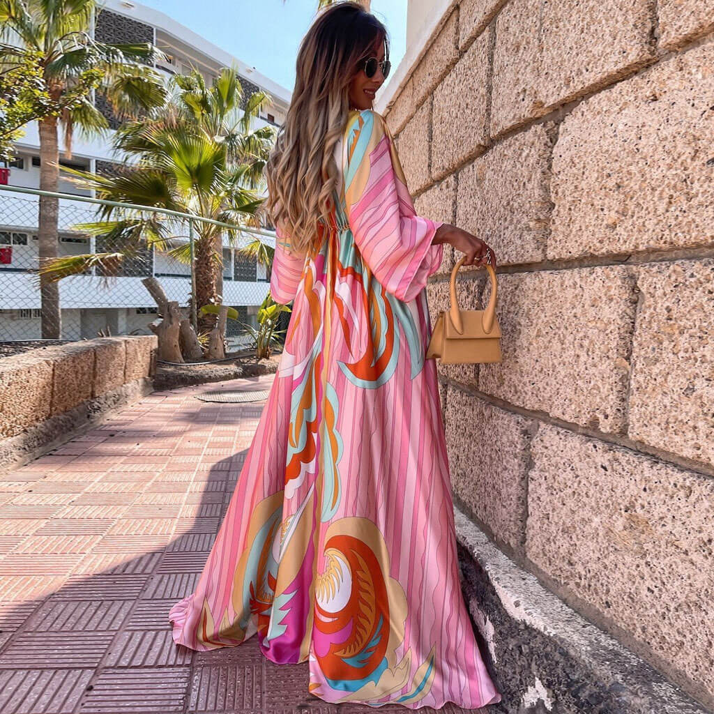 Ladies' Summer Maxi Dress with Abstract Print and Belt