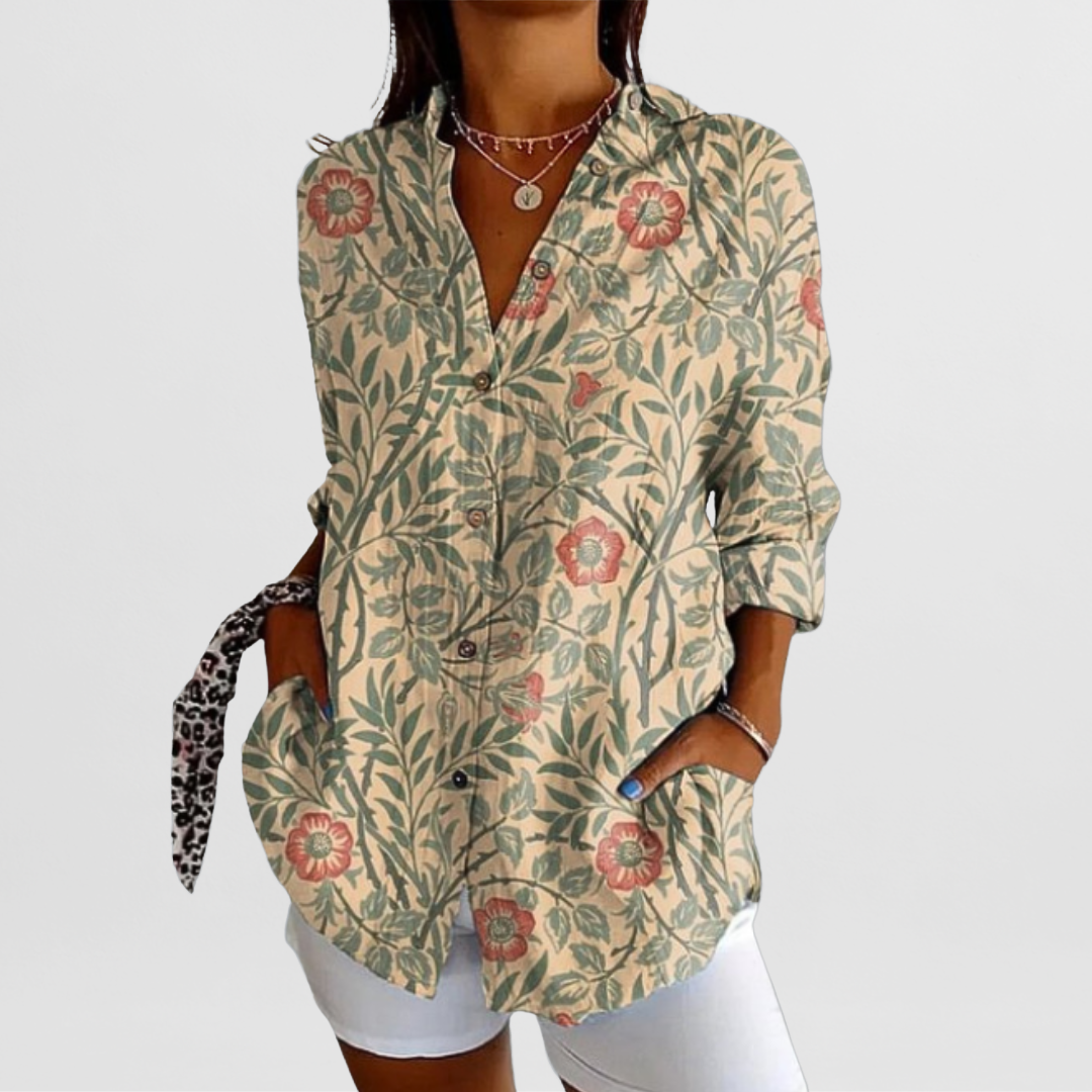 Ladies' Blouse with Tropical Floral Pattern and Loose Fit