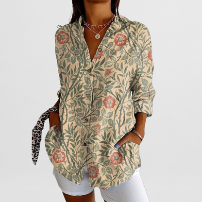 Ladies' Blouse with Tropical Floral Pattern and Loose Fit