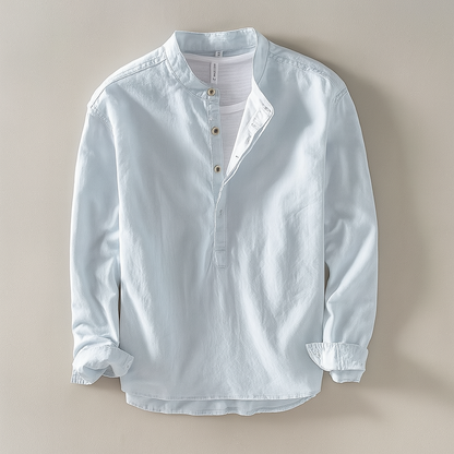 Men's Shirt with Mandarin Collar and Cotton-Linen Blend for Airy, Comfortable and Timeless