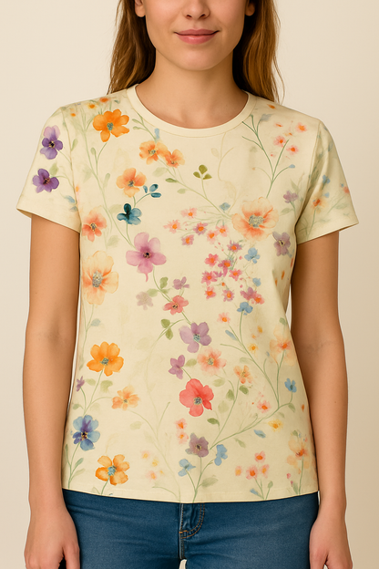 Ladies' T-Shirt with Floral Pattern and Comfortable Stretch for Everyday Use