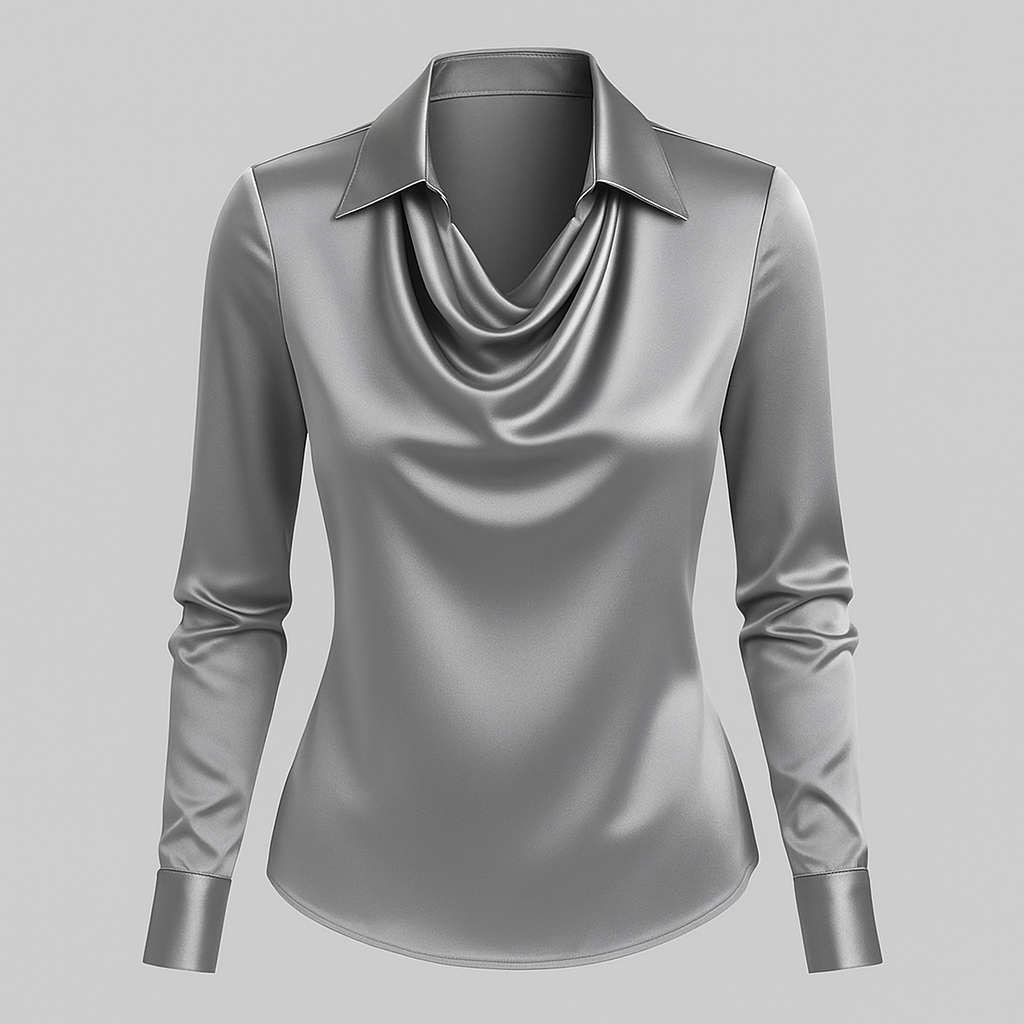 Ladies Satin Blouse with Waterfall Neckline and Long Sleeves