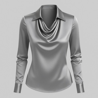 Ladies Satin Blouse with Waterfall Neckline and Long Sleeves