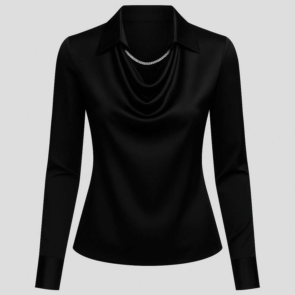 Ladies Satin Blouse with Waterfall Neckline and Long Sleeves