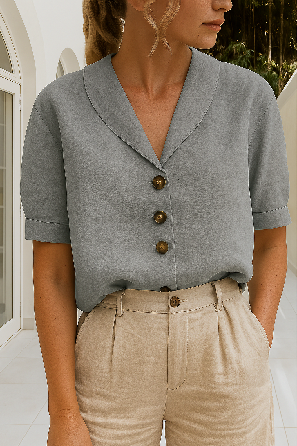 Ladies' Cotton and Linen Shirt with Refined Details and Casual Fit
