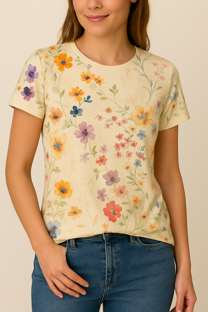 Ladies' T-Shirt with Floral Pattern and Comfortable Stretch for Everyday Use