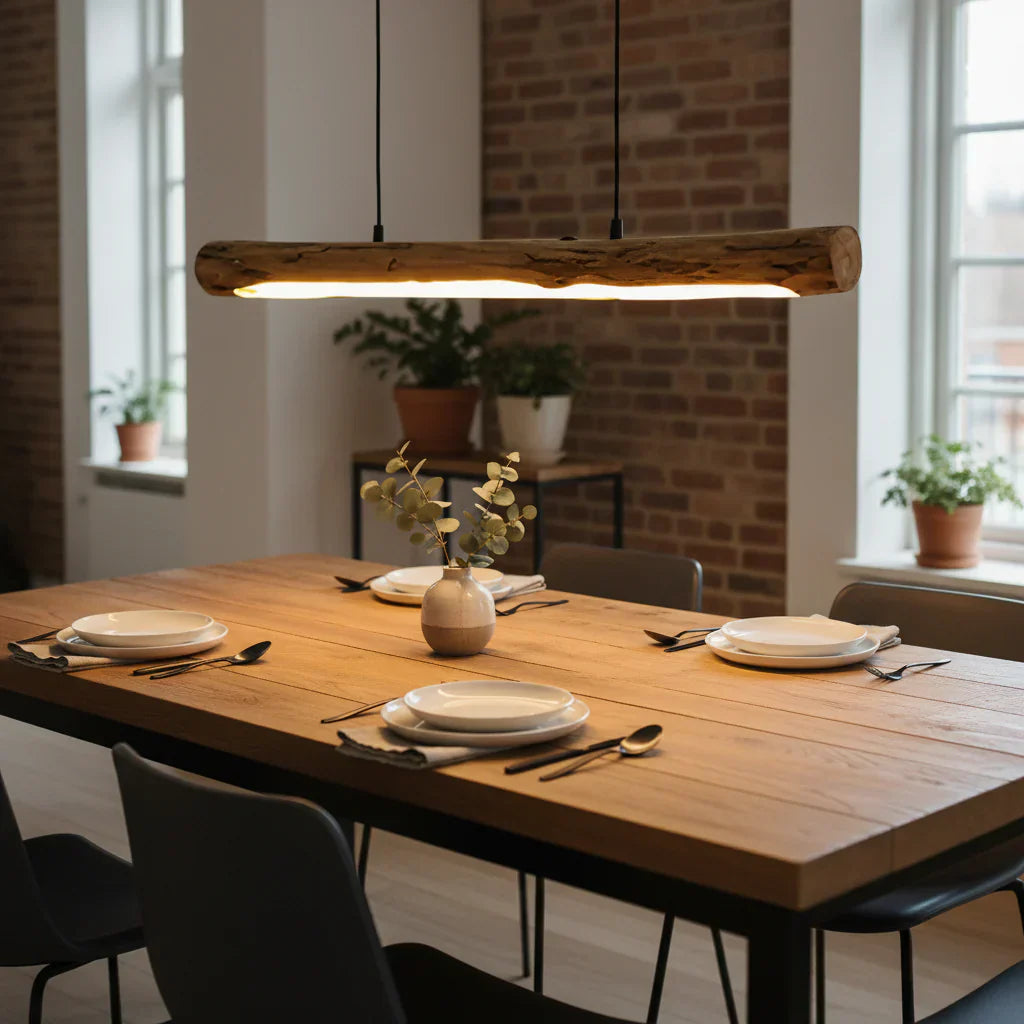 Table with Wooden Pendant Lamp with Dimmable LED Lighting for Dining Warm Natural Design