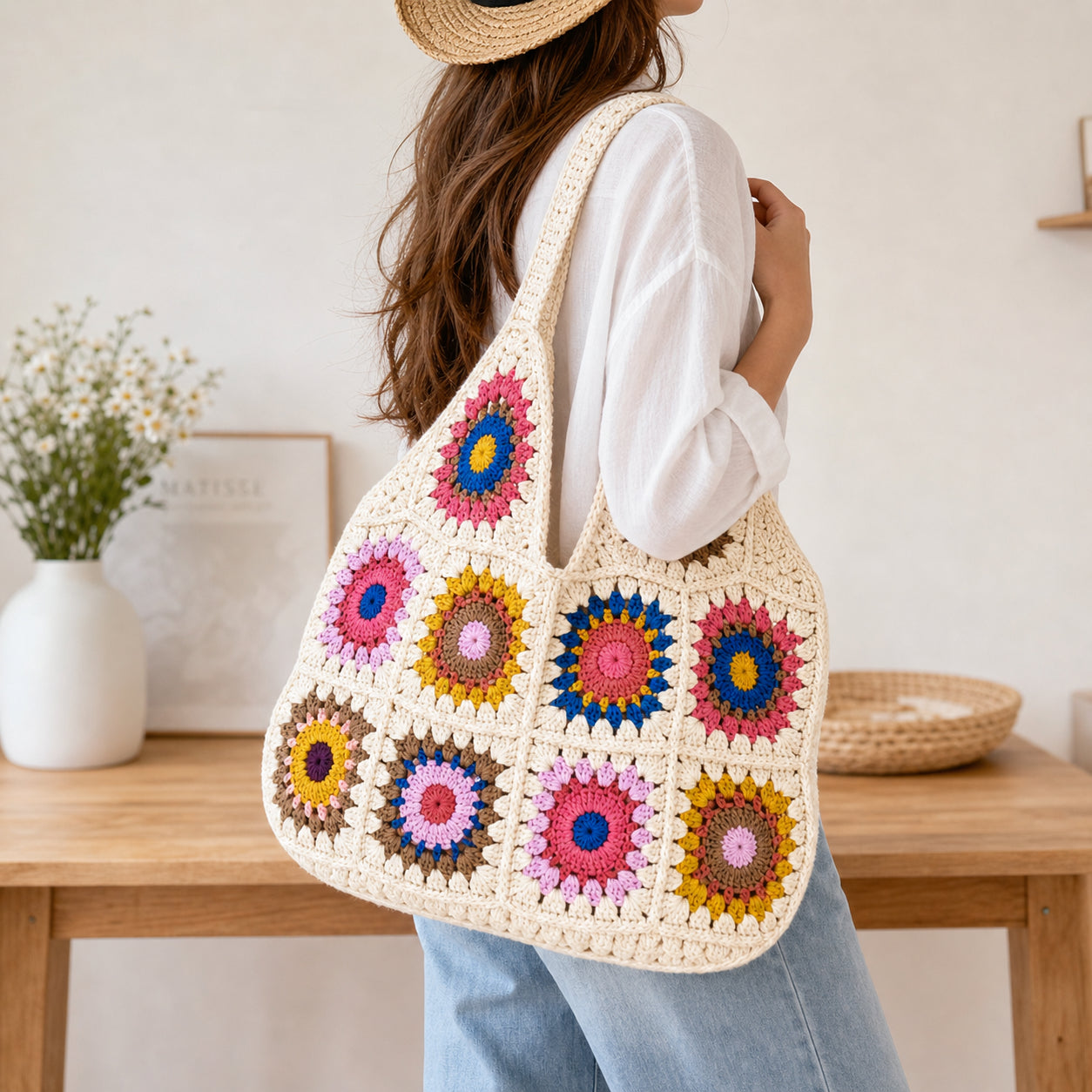 Women's Crochet Tote Bag — Boho Cotton Beach Bag & Shoulder Bag