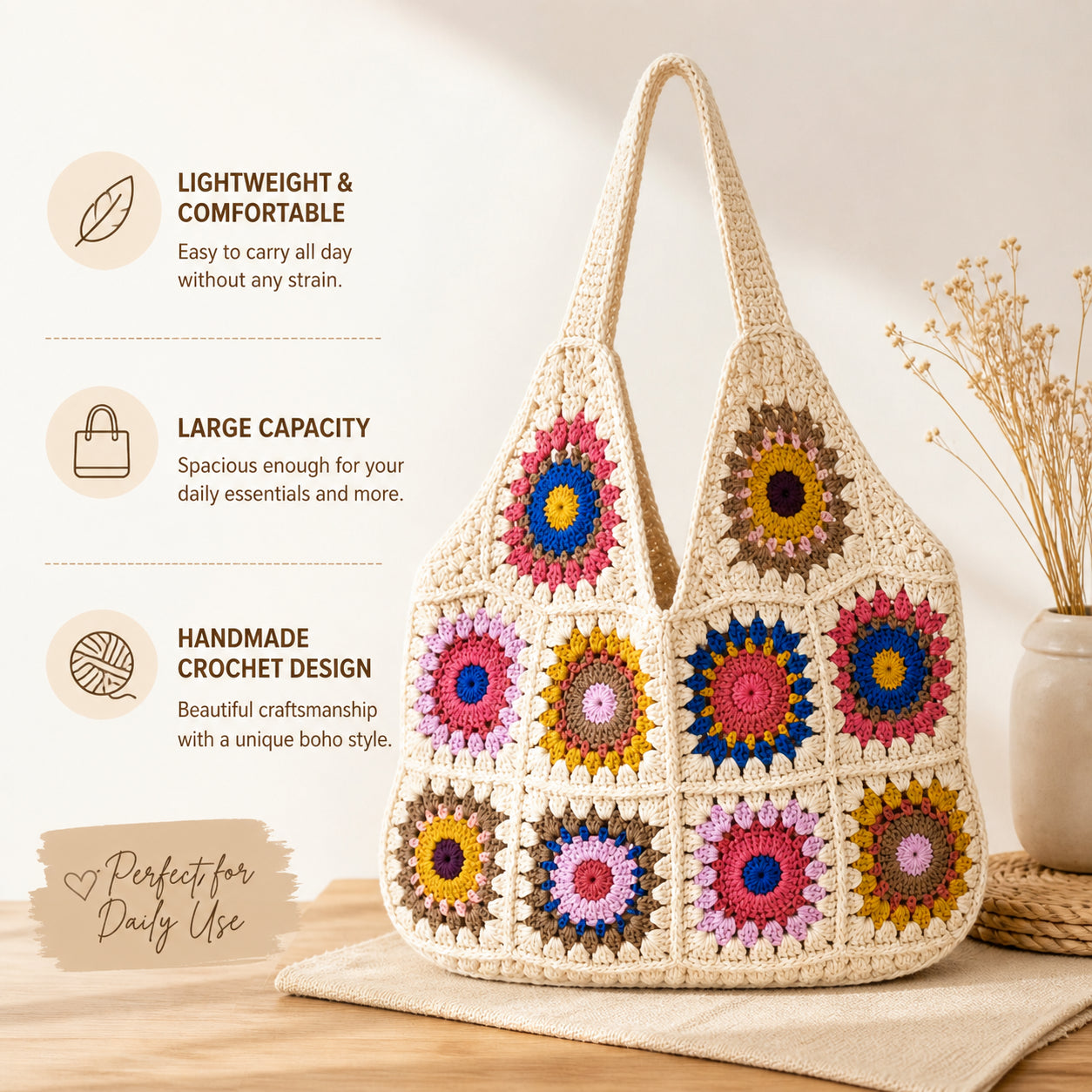 Women's Crochet Tote Bag — Boho Cotton Beach Bag & Shoulder Bag