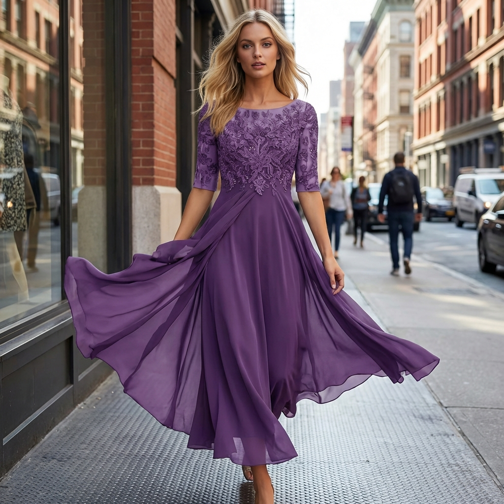 Elegant Midi Dress with Lace Detail and Flowing Skirt for Festive Occasions