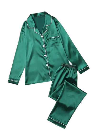 Set Ladies Satin Pyjama for Long Sleeves with Classic Collar