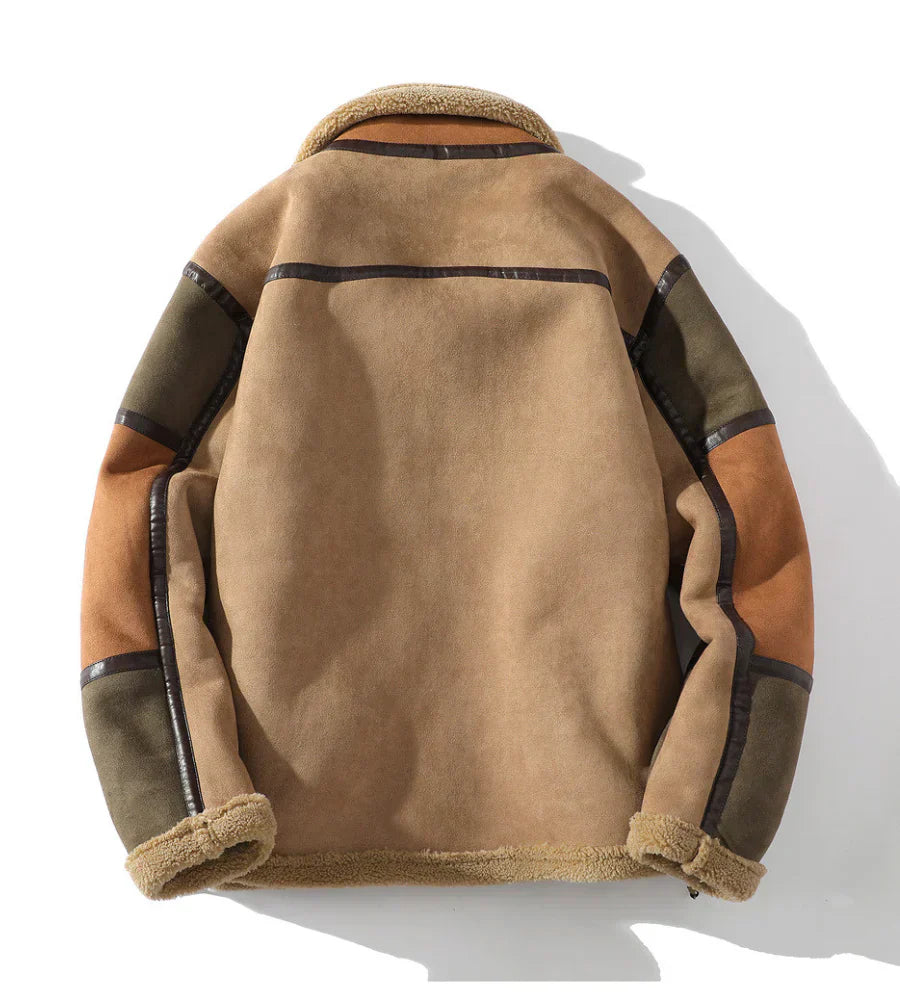 Men's Shearling Jacket with Colour Block for Warmly Lined and Relaxed