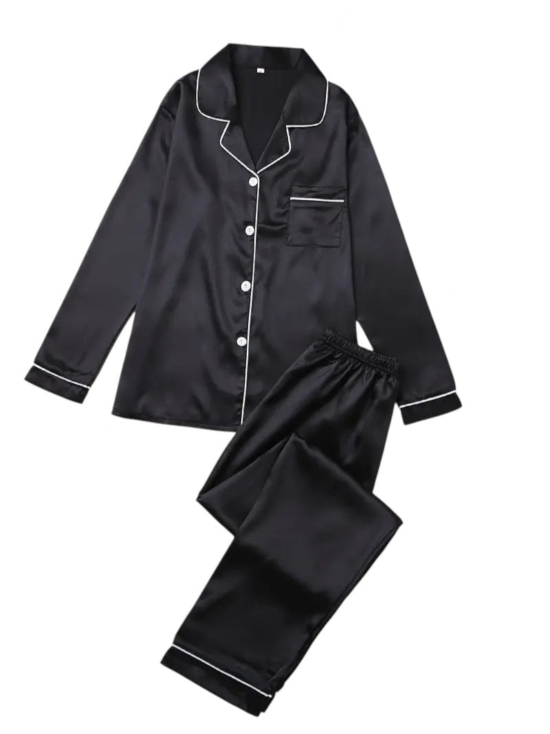 Set Ladies Satin Pyjama for Long Sleeves with Classic Collar