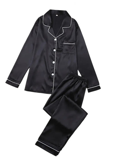 Set Ladies Satin Pyjama for Long Sleeves with Classic Collar