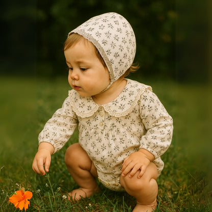 Set with Baby Romper Design for Girls with Floral Print and Bonnet
