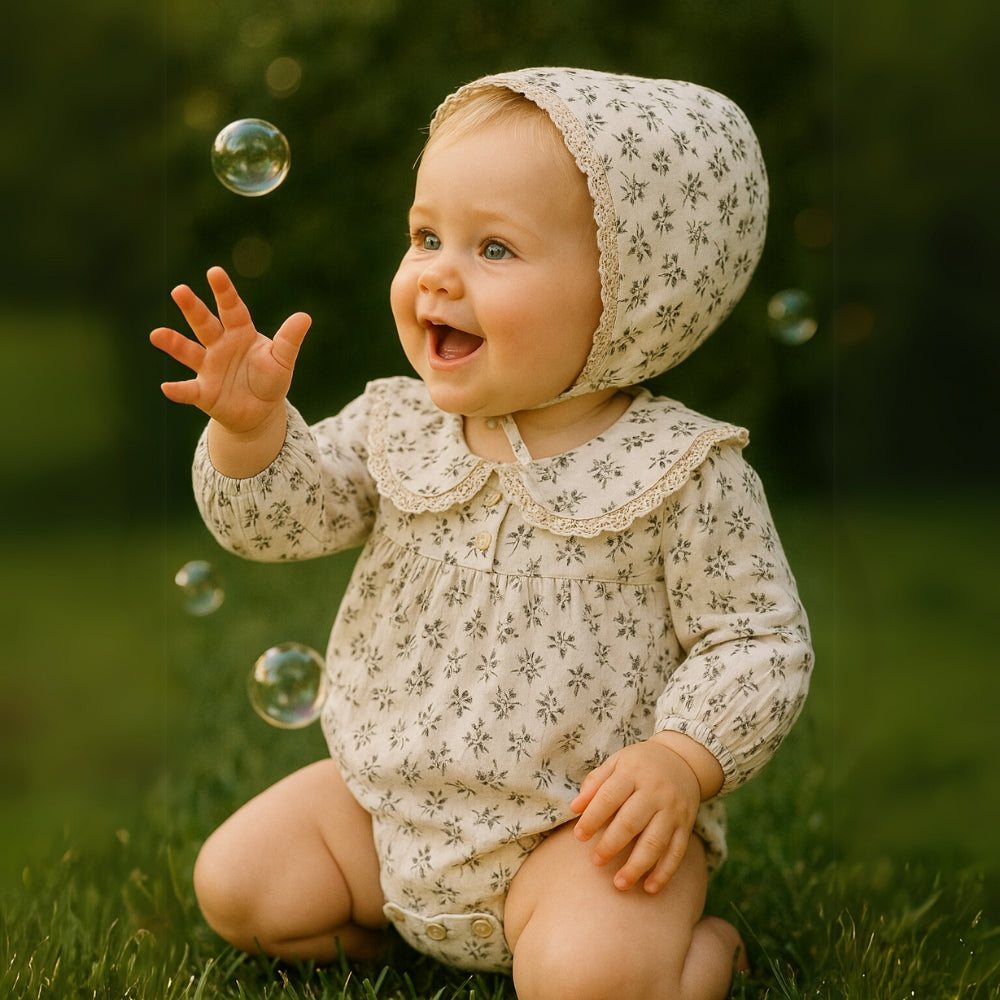 Set with Baby Romper Design for Girls with Floral Print and Bonnet