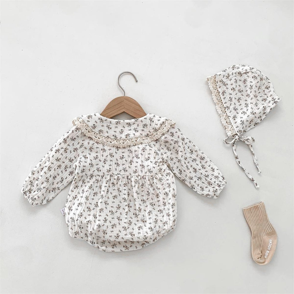 Set with Baby Romper Design for Girls with Floral Print and Bonnet