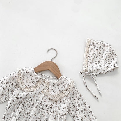 Set with Baby Romper Design for Girls with Floral Print and Bonnet