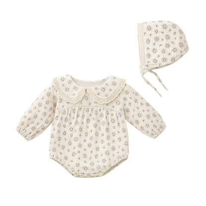 Set with Baby Romper Design for Girls with Floral Print and Bonnet