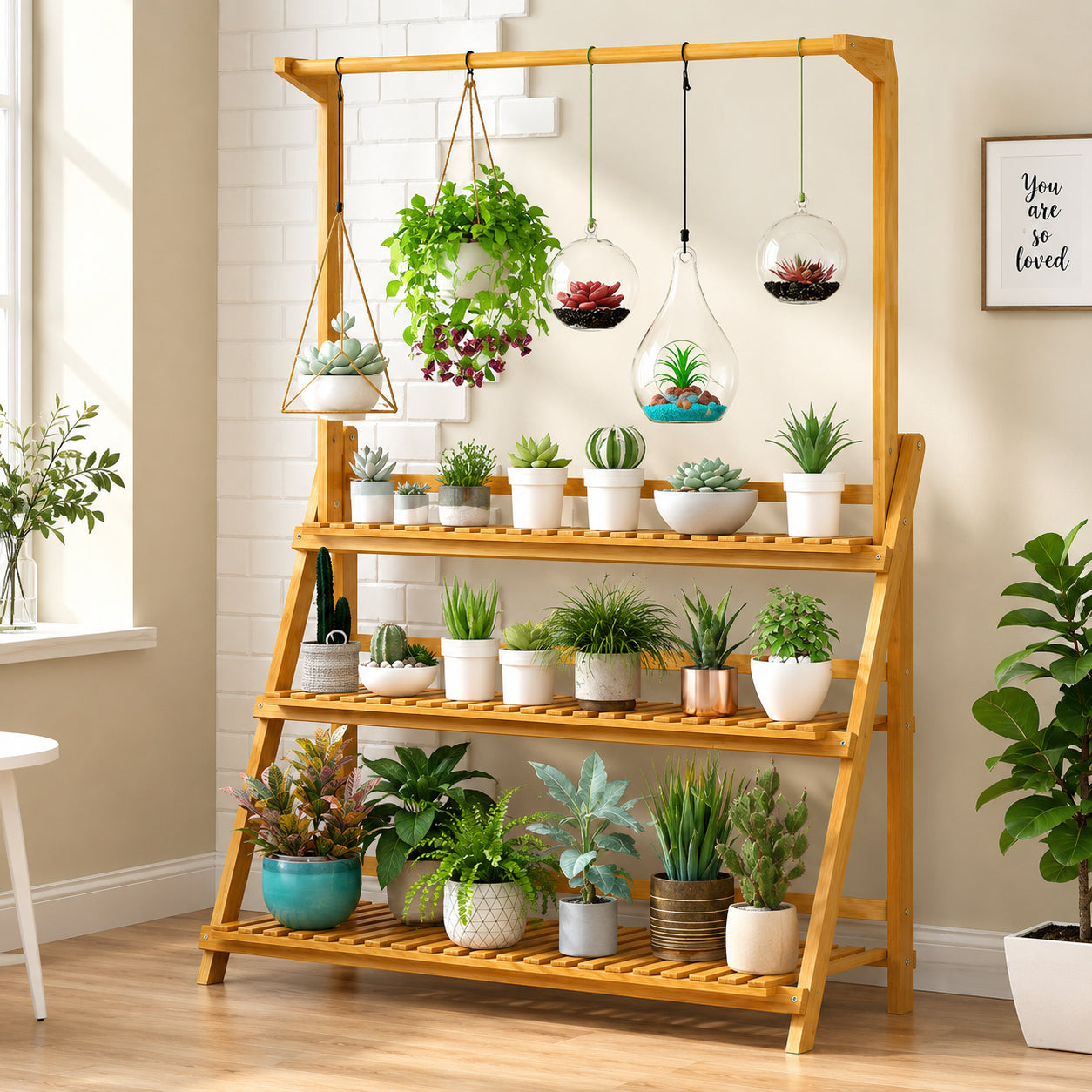 Folding Bamboo Plant Stand with Hanging Rack