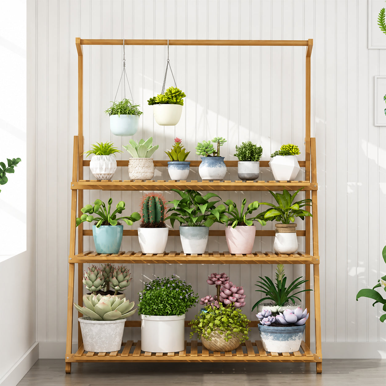 Folding Bamboo Plant Stand with Hanging Rack